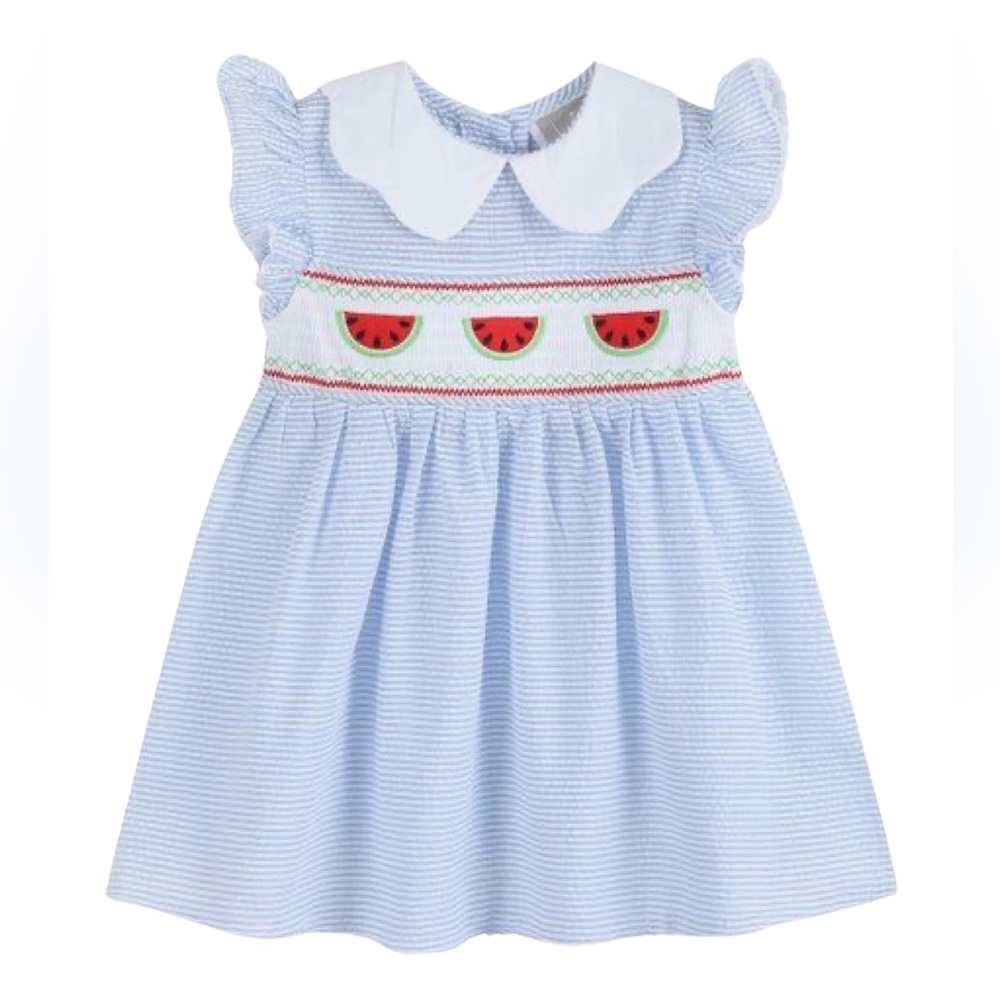 NWT Smocked Blue & White Seersucker dress Green & Red Watermelon Embroidered